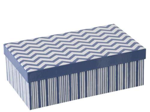 Treerdos porseleinen opbergdoos blauw met zigzagdeksel en gestreepte zijkanten, compact formaat