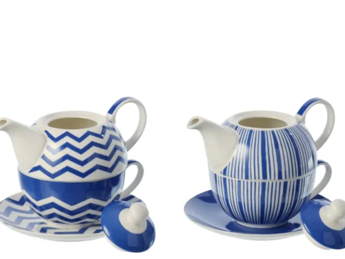 Theepot Naubol porselein blauw-wit set van 2 met schotels en deksels, decoratief en stijlvol gemaakt
