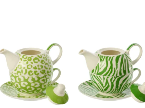 Feimmo porseleinen theepot set van 2 in groen met luipaard- en zebraprint, inclusief schotels en deksels