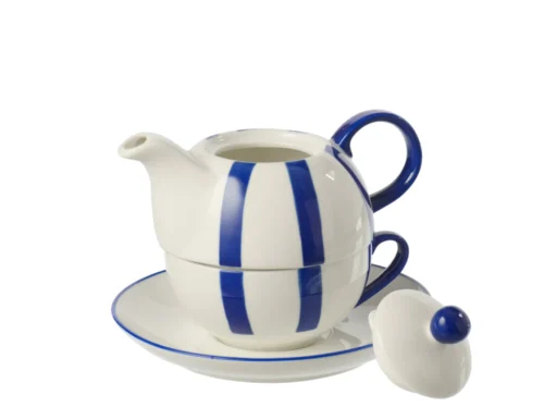 Theepot Faurnar porselein blauw-wit gestreept met schotel en deksel, elegant en compact