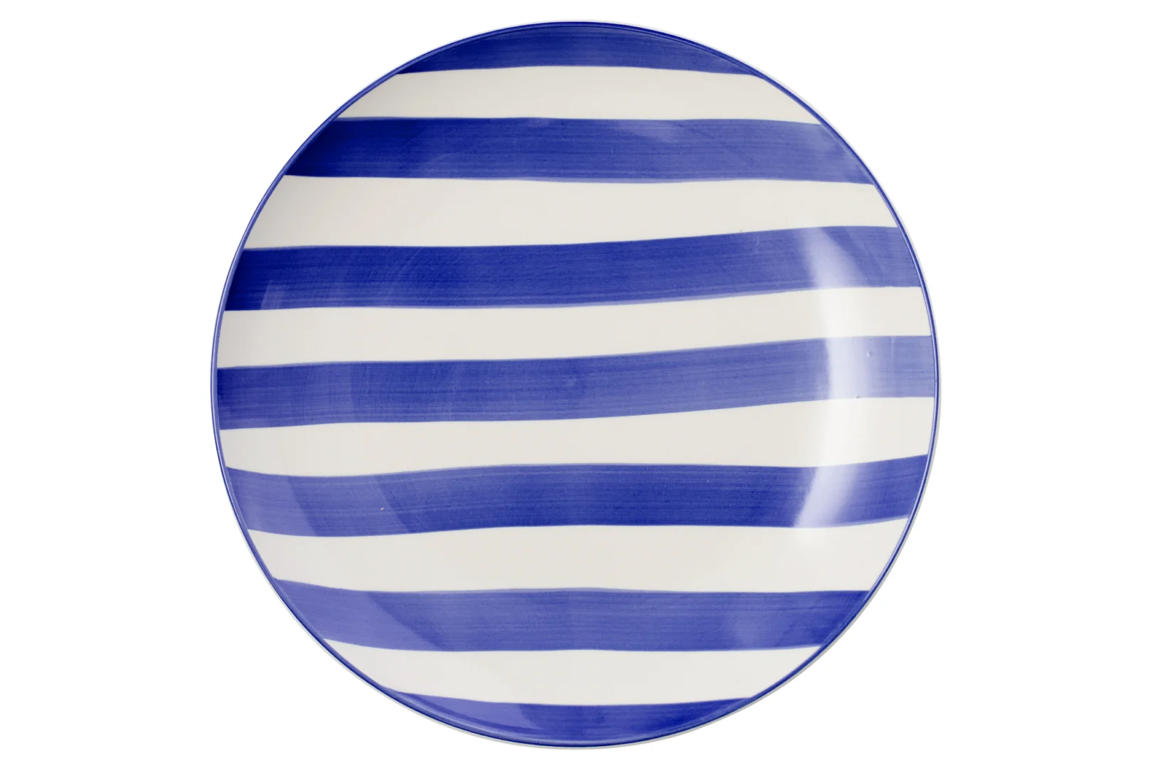 Bord Prulden Steen Blauw, rond 26 cm, blauw-wit gestreept steengoed bord met rustige, stevige uitstraling