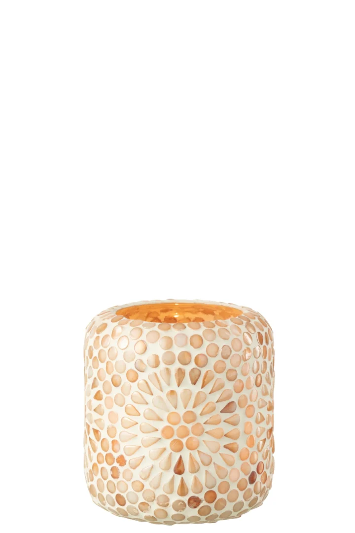 Beige glazen Jeevi kaarsenhouder met mozaïekpatroon en warme glans, H11 cm