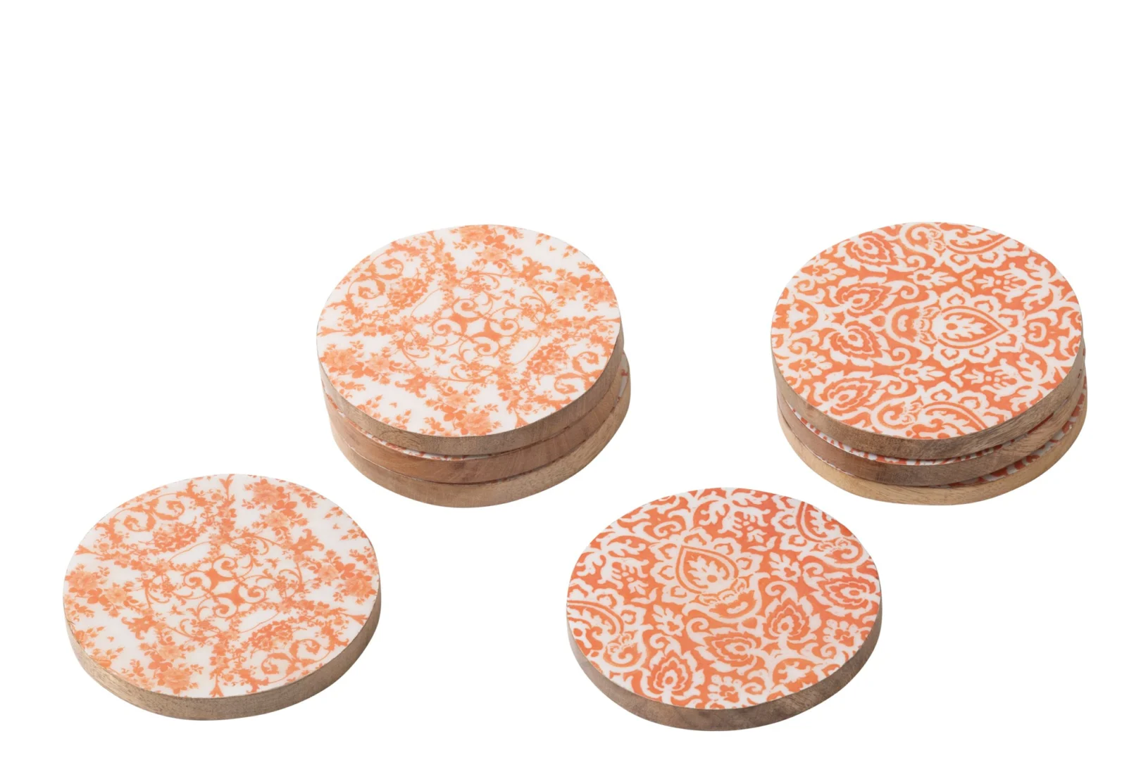 Set van 8 Dammira mangohouten onderzetters met oranje-witte print, rond en decoratief voor glazen en kopjes