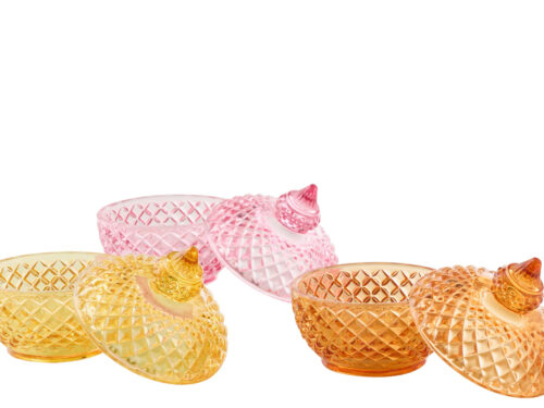 Voorraadpot Joornang glas set van 3 in roze, geel en oranje, met decoratief reliëf en deksel