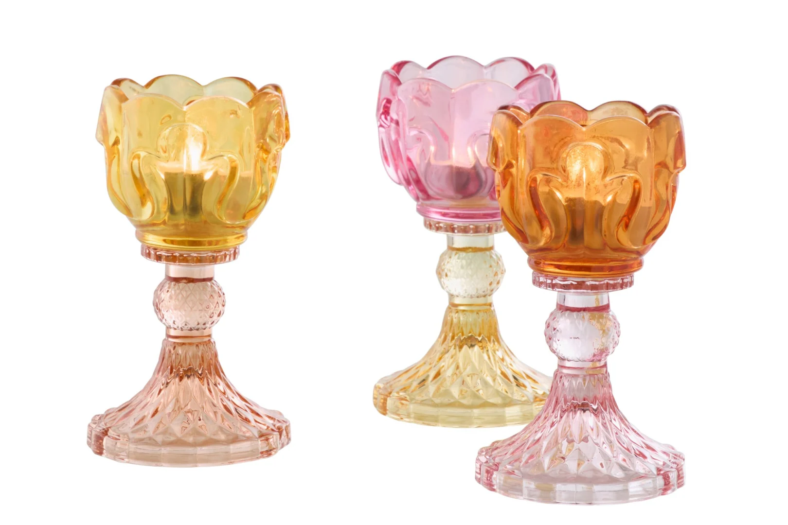 Waxinelichthouder Skullis glas meerkleurig set van 3, decoratieve theelichthouders in geel, roze en amber