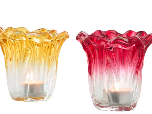 Waxinelichthouder Stedum glas meerkleurig set van 2, geel en roze met sierlijke rand en theelichtjes