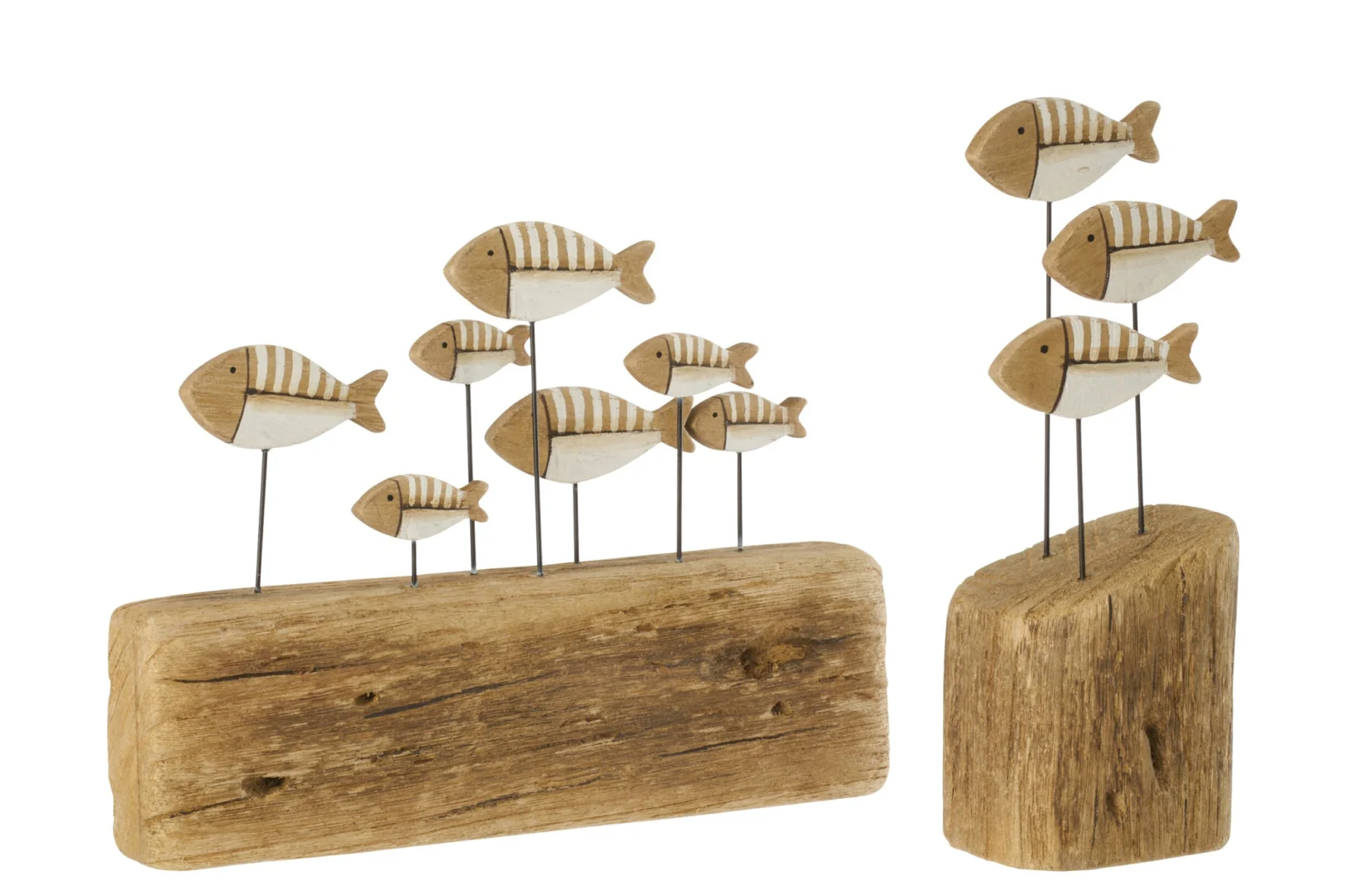 Decoratiefiguur Fleeltone van naturel paulowniahout met speelse vissen op houten voet