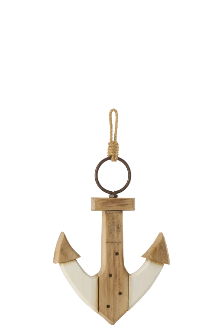Woonaccessoire Dirmum hout naturel in ankervorm, met touwlus en ijzeren ring
