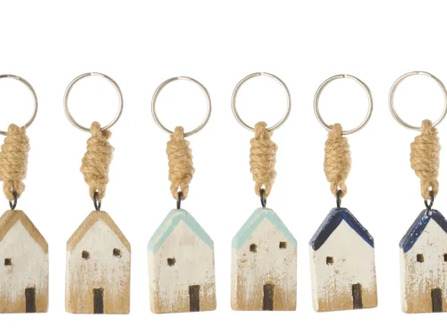 Seivan houten sleutelhanger set van 6, huisvormig, meerkleurig, met jute lus en metalen ring