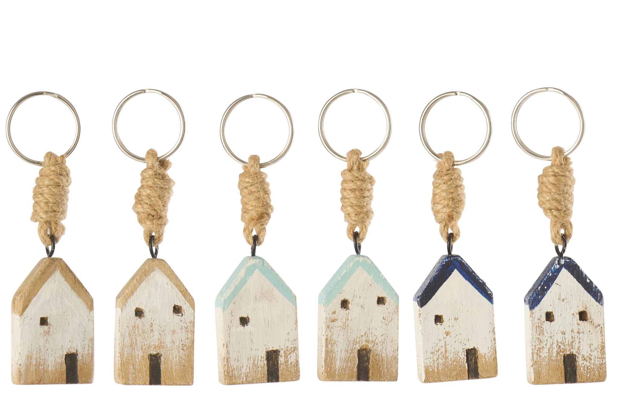 Seivan houten sleutelhanger set van 6, huisvormig, meerkleurig, met jute lus en metalen ring