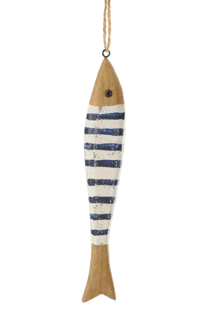 Konnal houten visdecoratie blauw-wit met jute ophanglus en natuurlijke afwerking