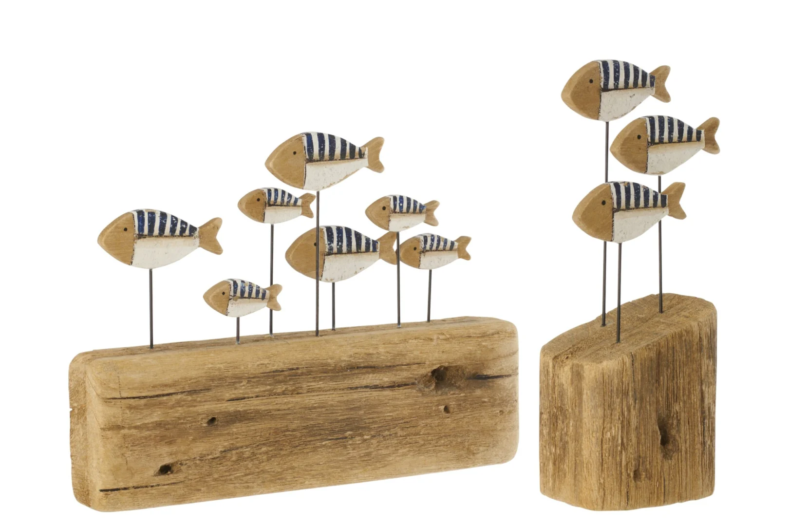 Decoratiefiguur Rurmel houten vissen op voetstuk, blauw en naturel paulowniahout, speels en rustig decoratieobject