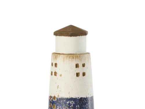 Prallin houten vuurtoren woonaccessoire in blauw en wit, compact decoratief accent voor interieur