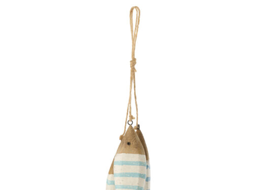 Vishanger Grurdello Hout Naturel, decoratieve houten vis met blauw-witte strepen en jute ophanglus
