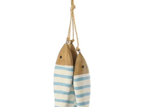 Vishanger Voossa Hout Naturel met jute koord, drie vissen van paulowniahout in naturel en blauw-wit gestreept design