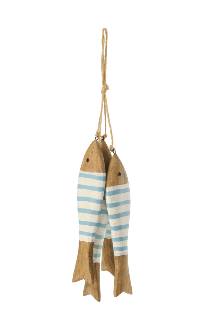 Vishanger Voossa Hout Naturel met jute koord, drie vissen van paulowniahout in naturel en blauw-wit gestreept design