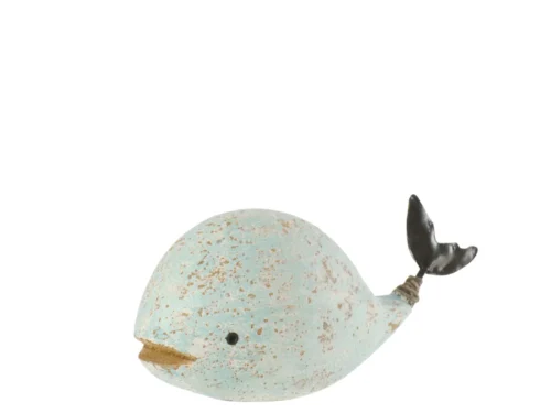 Decoratiefiguur Haavel hout wit walvisje met lichtblauwe afwerking en zwart staartdetail