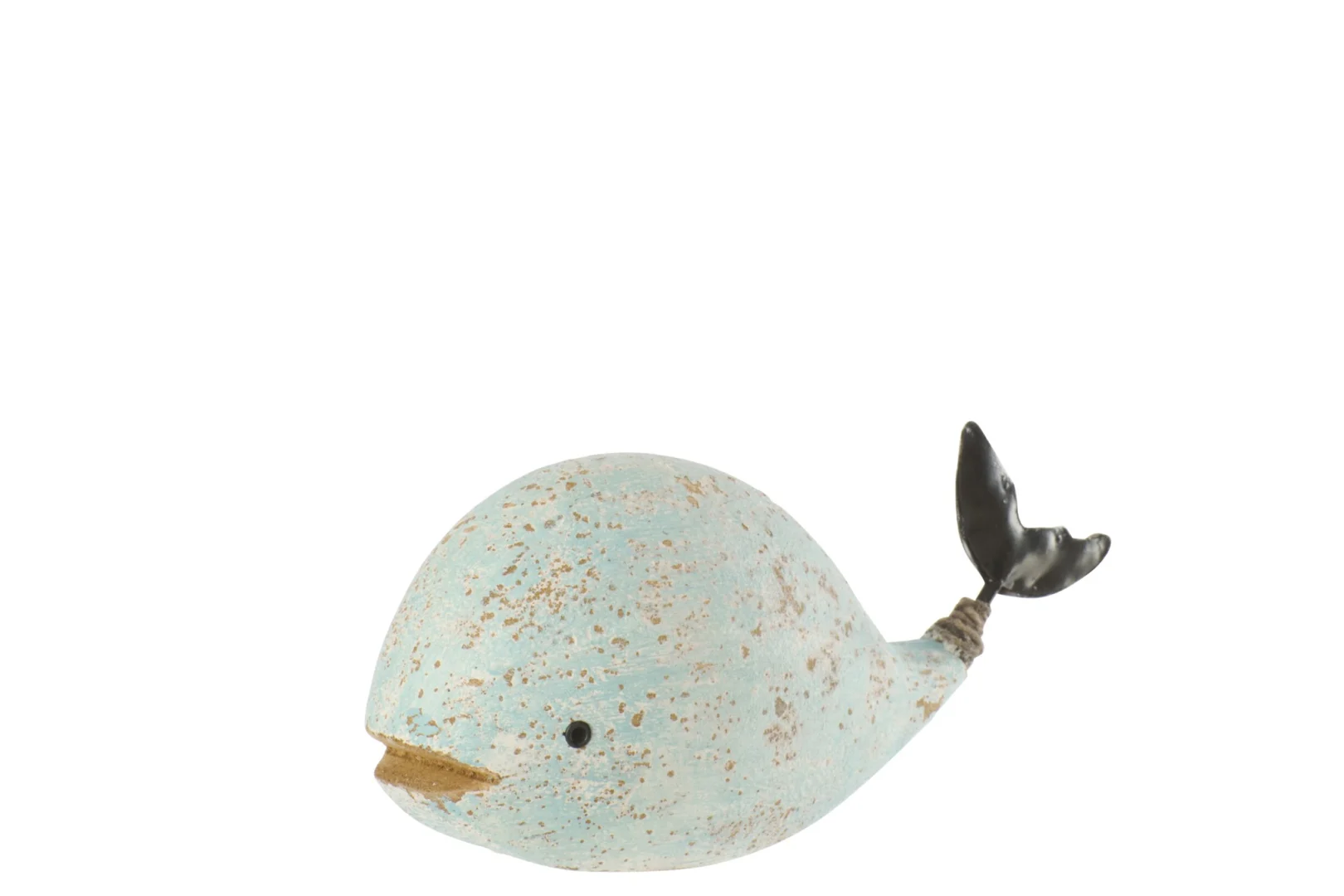 Decoratiefiguur Haavel hout wit walvisje met lichtblauwe afwerking en zwart staartdetail