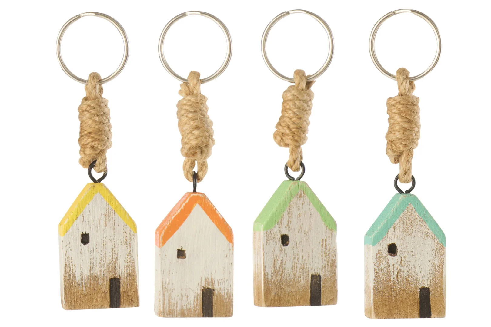 Sleutelhanger Keswick hout meerkleurig, set van 4, met jute lus en huisvormig design