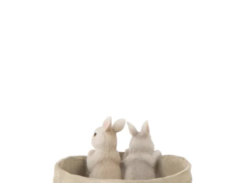 Beige Treerdond decoratiefiguur met twee konijntjes in zak, compact en speels voor een warm interieur
