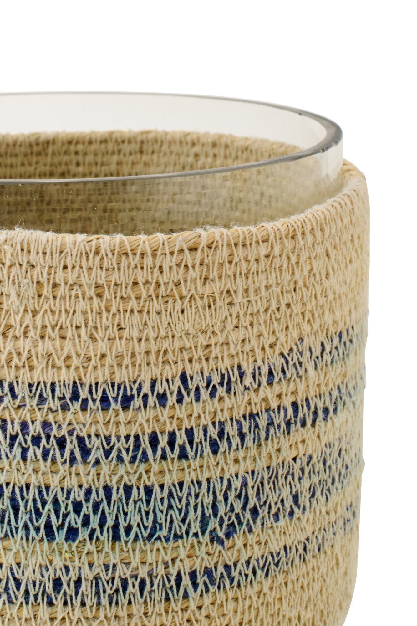 Waxinelichthouder Skaaldund van zeegras in naturel met glas, handgevlochten en decoratieve blauwaccenten