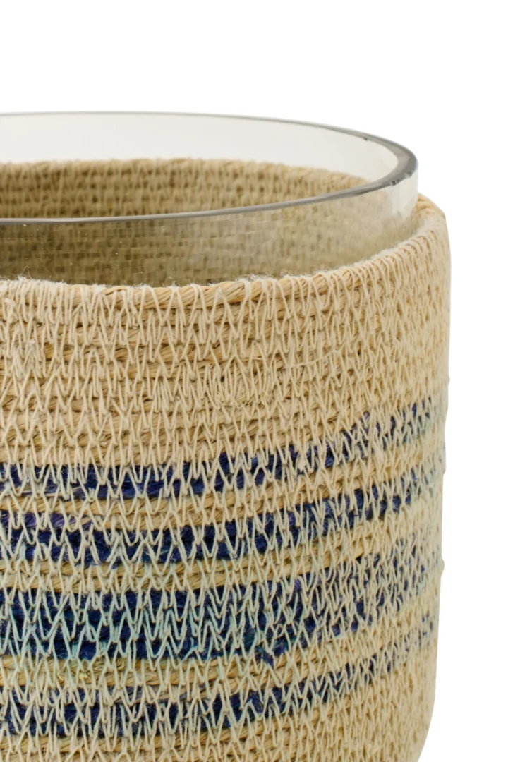 Waxinelichthouder Skaaldund van zeegras in naturel met glas, handgevlochten en decoratieve blauwaccenten