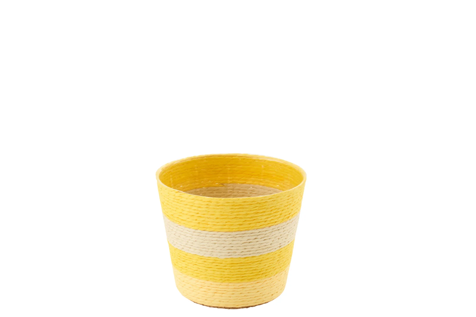 Geel gestreepte Guadiana bloempot van papier, compact formaat H9,5 cm voor een warm accent in huis