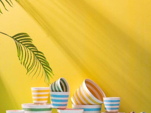 Baamea bloempot set van 2, geel met strepen, lichtgewicht papieren woonaccessoires voor binnengebruik