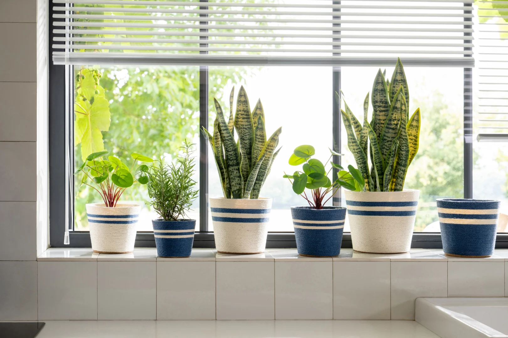 Bloempot Rorres set van 2 wit, compact papier-PET design met blauwe strepen op de vensterbank.