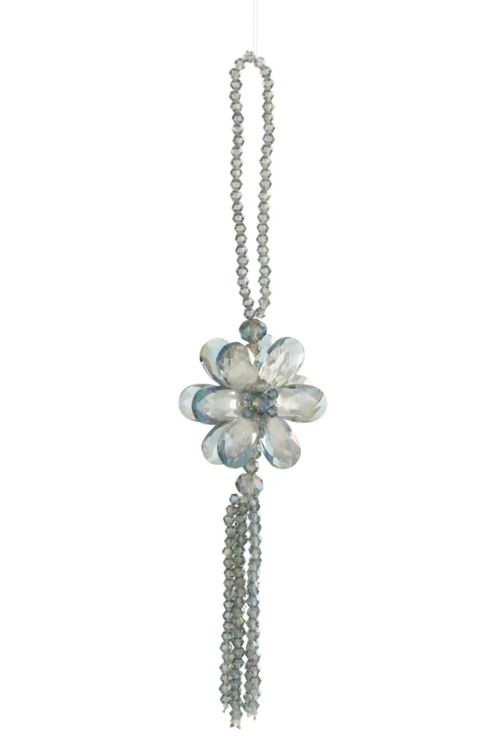 Decoratiehanger Grauskes blauw kunststof met glazen bloem en kralensnoeren, slank en speels woonaccessoire