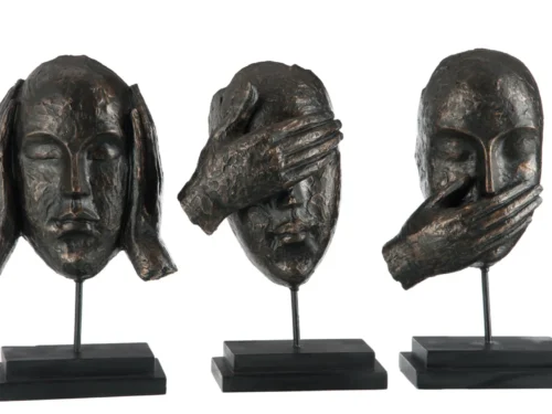 Beeld Beendio set van 3 bruine steenlook Hear/See/Speak beeldjes op voet, 28 cm