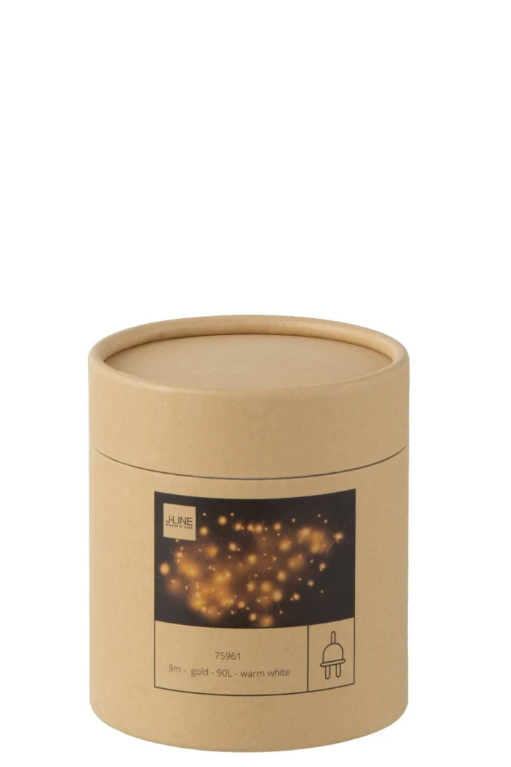 Stekker Naulvas Goud kerstverlichting in ronde doos, goudkleurig draad met warmwitte LED’s, 9 meter lang