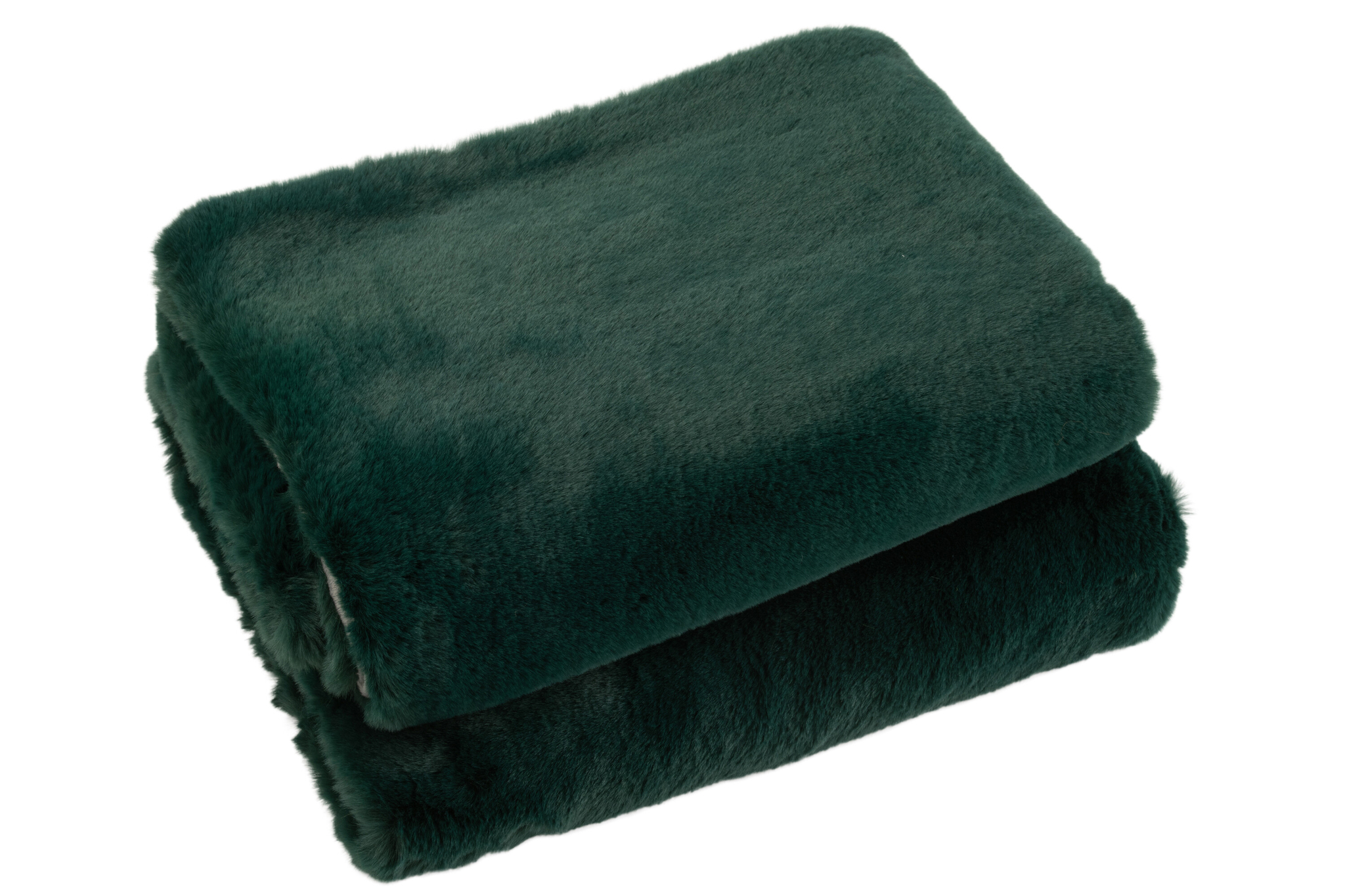 Plaid Preilder Groen, zachte donkergroene plaid van pluizig polyester, opgevouwen op witte achtergrond