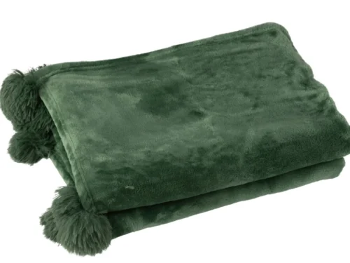 Donkergroene Plaid Taandek met zachte structuur en pompoms, 130 x 170 cm, voor bank of bed