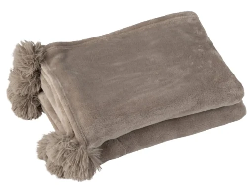Plaid Toollen Grijs, zacht taupe plaid met pompons, opgevouwen op witte achtergrond