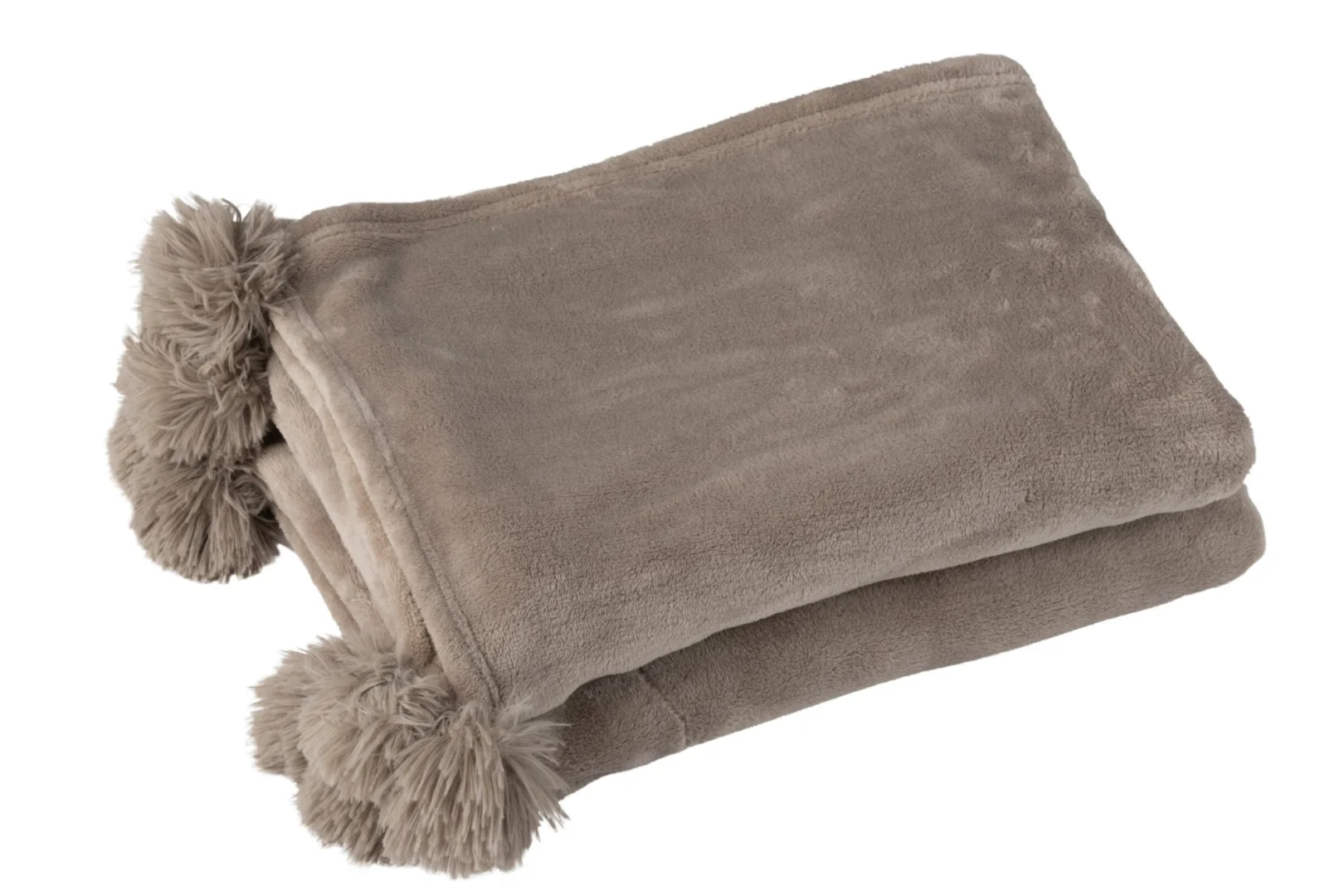Plaid Toollen Grijs, zacht taupe plaid met pompons, opgevouwen op witte achtergrond