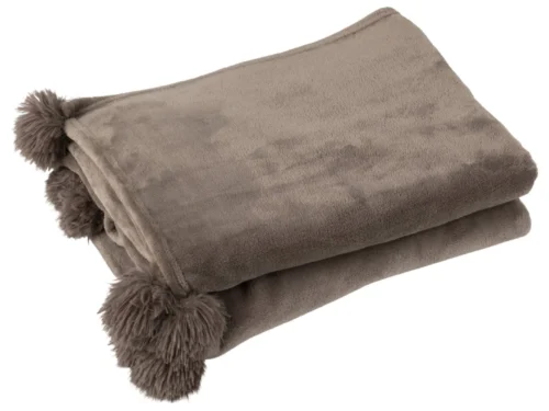 Plaid Haurdero grijs met zachte stof en speelse pompons, opgevouwen afgebeeld