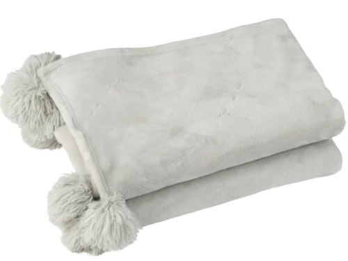 Plaid Reestal Grijs, zachte lichtgrijze plaid met speelse pompons voor bank, fauteuil of bed