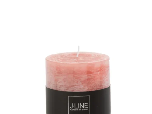 Roze cilinderkaars Baamin van J-LINE met rustiek design en zwarte band, compact woonaccessoire