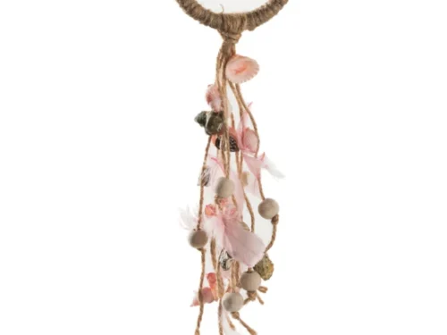 Decoratiehanger Skarund Schelpen Roze met jute ring, schelpen, roze veren en houten kralen