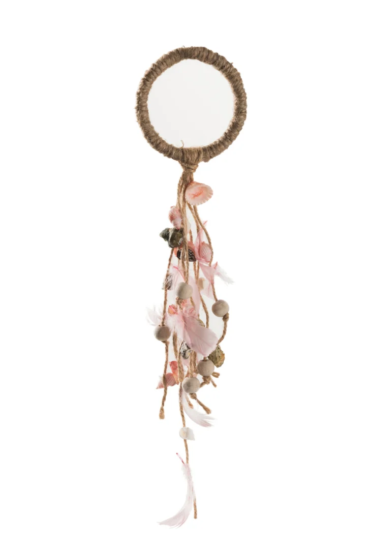 Decoratiehanger Skarund Schelpen Roze met jute ring, schelpen, roze veren en houten kralen