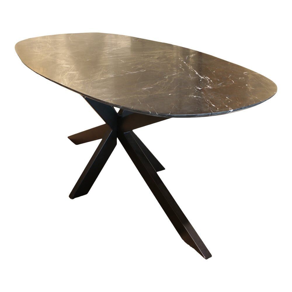 Eettafel Caantena marmer 180x90 cm, ovaal blad met zwart onderstel en luxe uitstraling