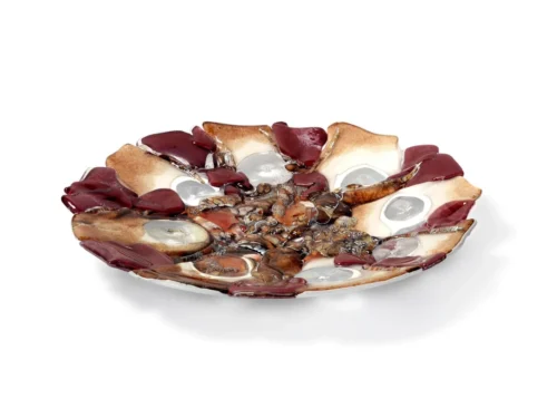 Schaal Veenty Glas, handgemaakte fusion-schaal met bordeaux, beige en transparante glasteinten