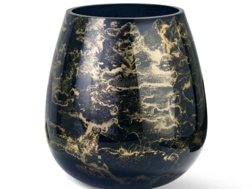 Vaas Grietund zwart glas Ø19 cm met marmerpatroon en gouden accenten, handgemaakt en decoratief
