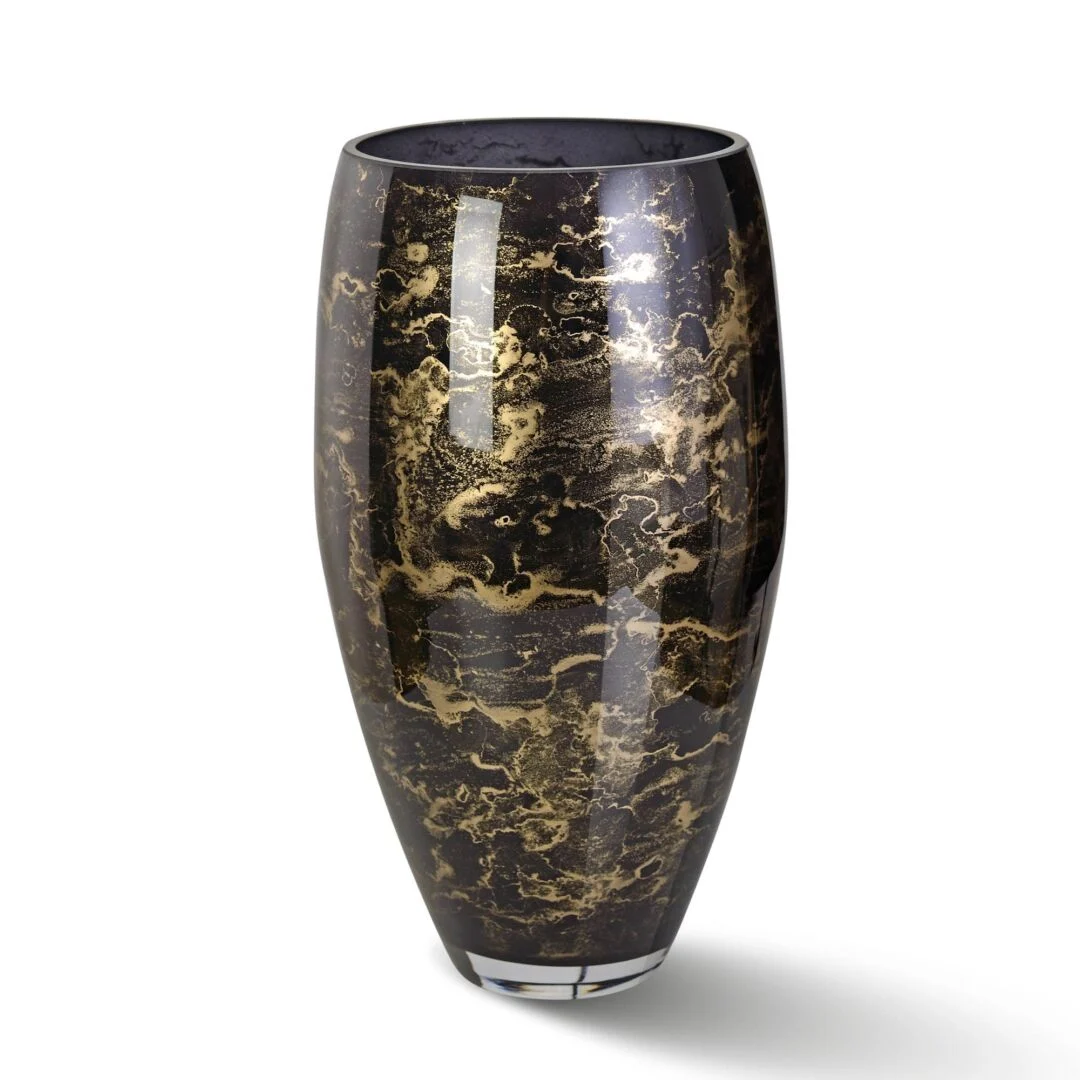 Vaas Klaurmoro Zwart, handgemaakt glas met zwart marmerlook en gouden accenten, luxe woonaccent