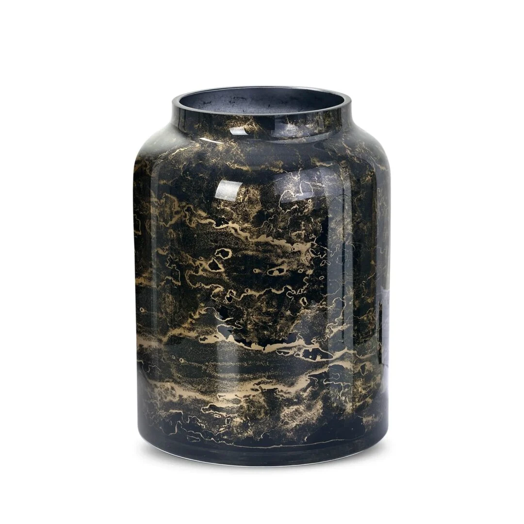 Vaas Stekum zwart glas met gouden accenten, handgemaakt en mondgeblazen, H21 cm