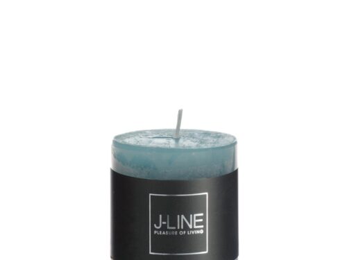 Kaars Geelvona blauw, compacte cilindervorm met rustgevende uitstraling en J-LINE label