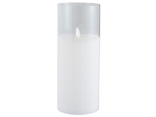 Transparante Jildena LED-lamp met cilindervorm en elegante witte vlam, compact en stijlvol woonaccessoire