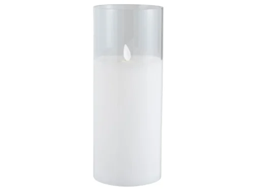 Transparante Jildena LED-lamp met cilindervorm en elegante witte vlam, compact en stijlvol woonaccessoire