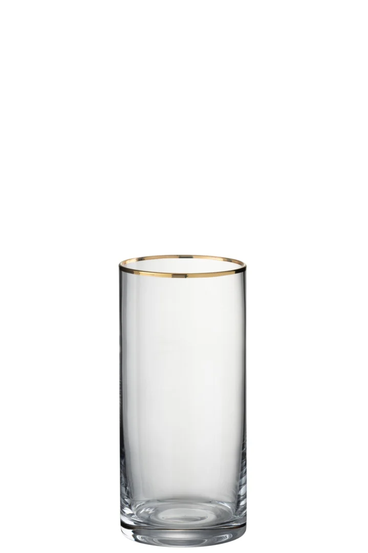 Traussor transparant drinkglas met gouden rand, hoge cilindervorm van helder glas